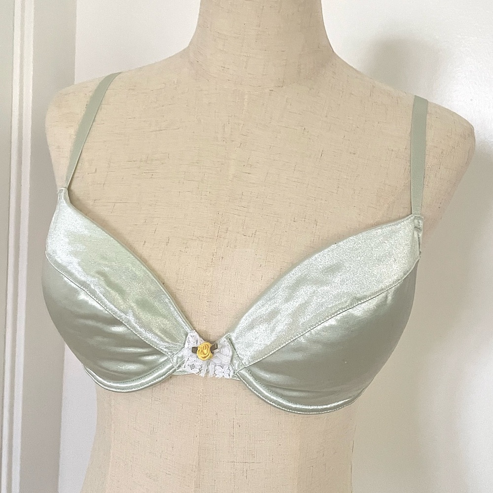 Japanese green bra with rose and lace bow with removable pads